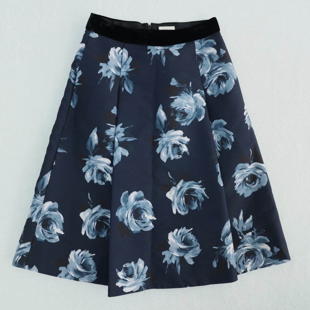 Kate Spade Night Rose Mikado Skirt Size 4 Rich Navy Floral Print Pleated A Line‎